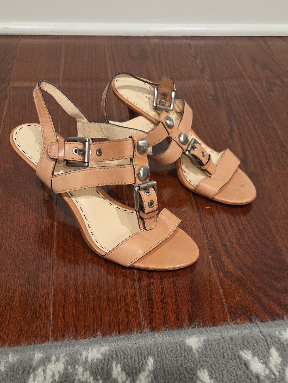 Coach Tan Leather Buckle & Stud Slingback Heels